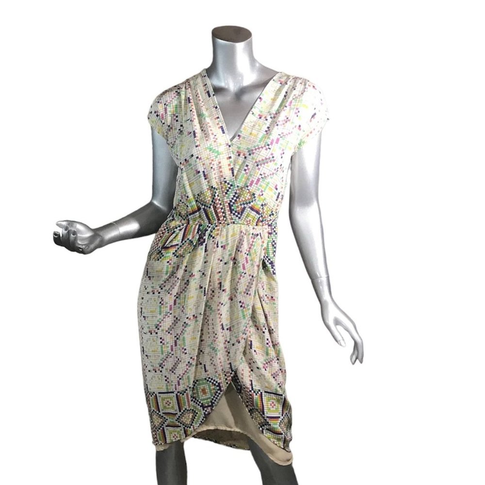 Presley Sky Women's XS Multicolor Faux Wrap Silk Dress Excellent Condition!